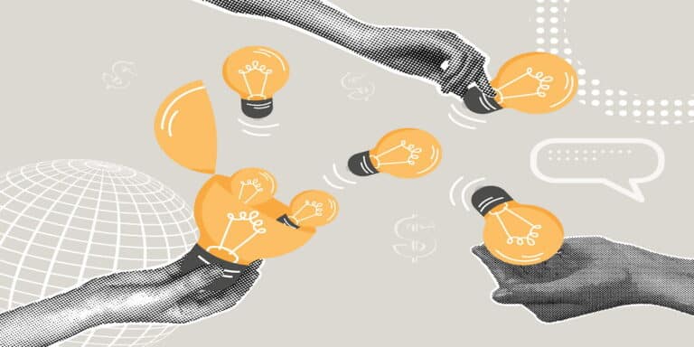 An abstract illustration depicting hands exchanging light bulbs, symbolizing the sharing of ideas within a business development process. The image conveys collaboration, innovation, and the flow of creative solutions, essential elements for small businesses focused on growth and strategic planning.