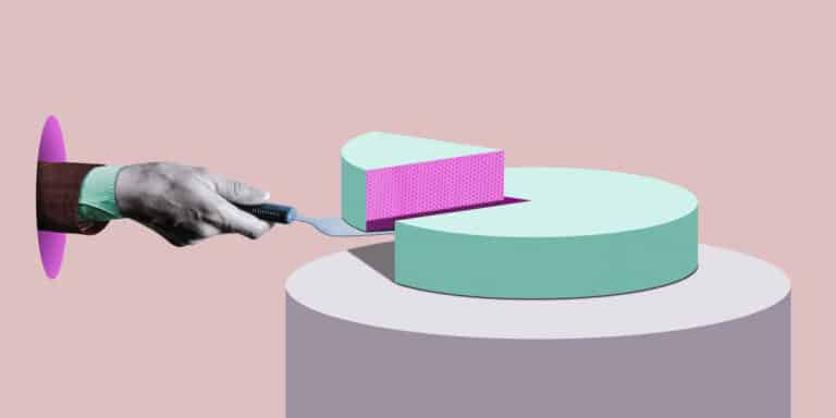 A conceptual illustration showing a hand holding a spatula to serve a slice of a circular chart, symbolizing how to grow market share by taking a larger portion. The chart slice is emphasized in a contrasting color to highlight the concept of gaining a competitive edge or expanding one's share in the market.