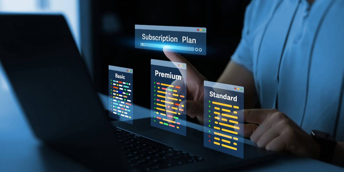 Person selecting subscription tiers on a digital screen representing recurring revenue options